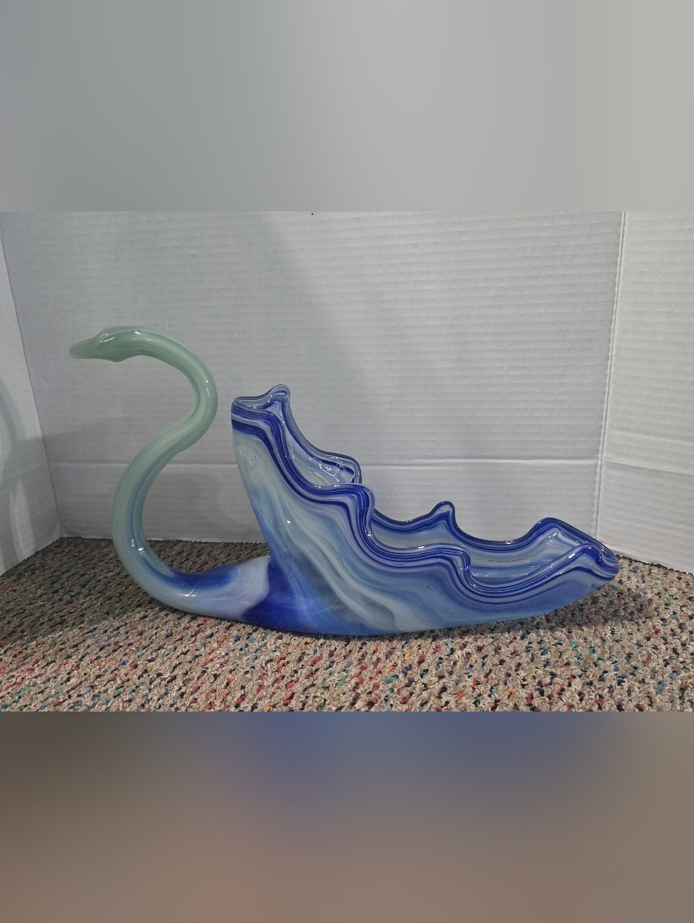MCM Murano Blue Swirl Art Glass Swan Bowl Decor